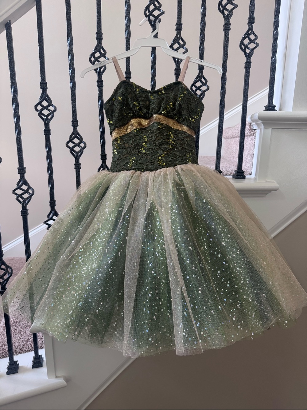 Sparkle Olive Green and Gold Tulle Performance or dress-up Dress for Girls